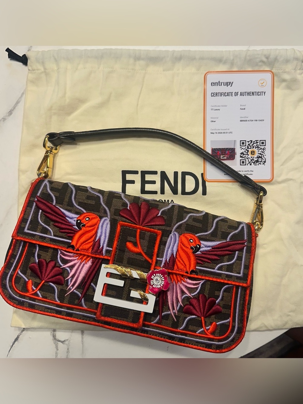 Fendi Brown Multicolor Embroidered Parrot Shoulder Bag